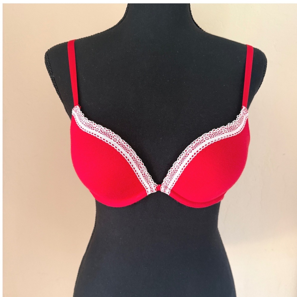 Tommy Hilfiger The Glimpse Plunge Push Up Bra 34B Red White Lace Underwire